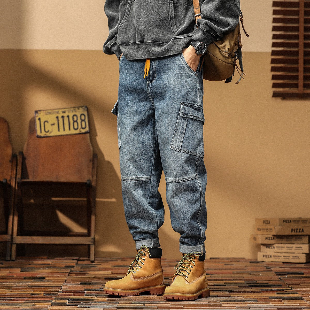 Blue workwear jeans showing utility-inspired construction